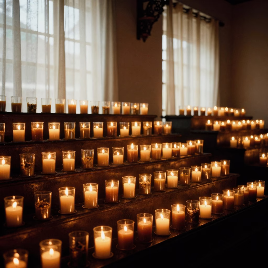 Mirrored Prayer Candles in Kumasi Shrine Light in inside a candlelit nave in Kumasi