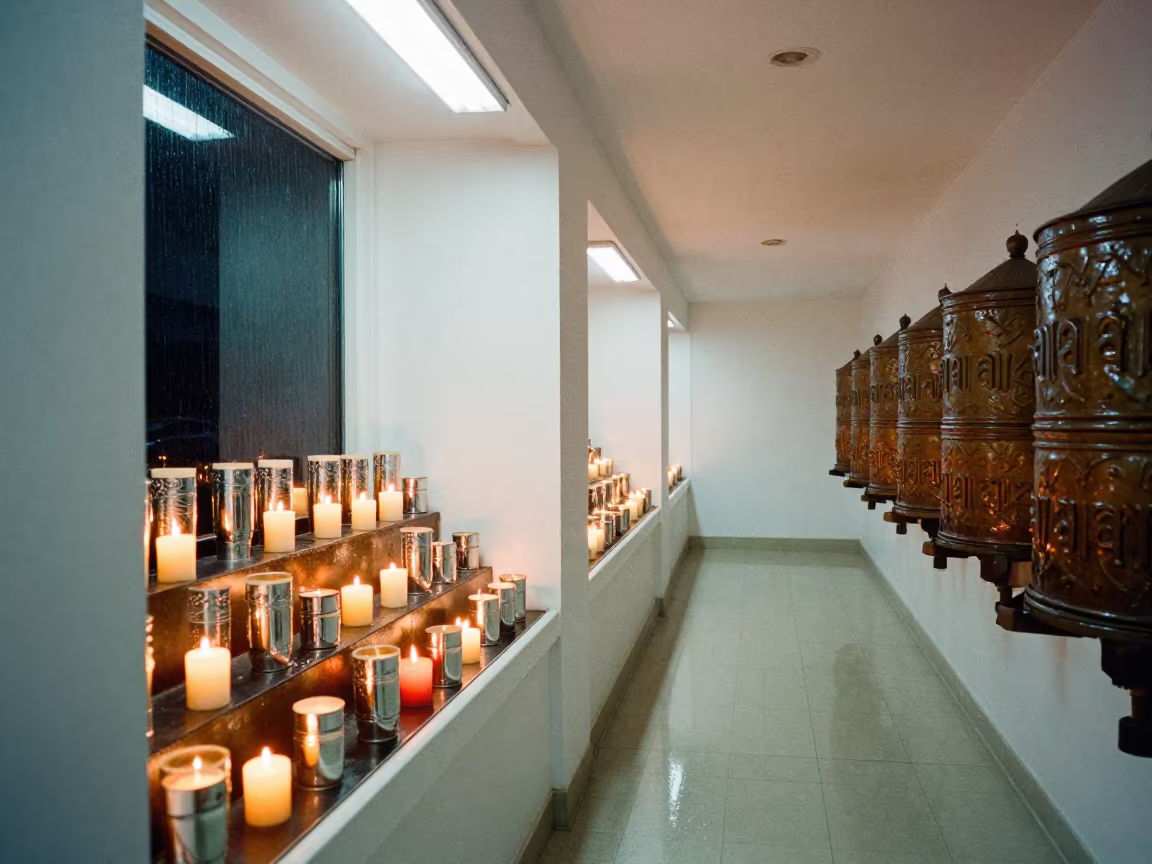 Mirrored Prayer Candles in Monsoon Shrine Salem in beside a prayer wheel corridor in Salem