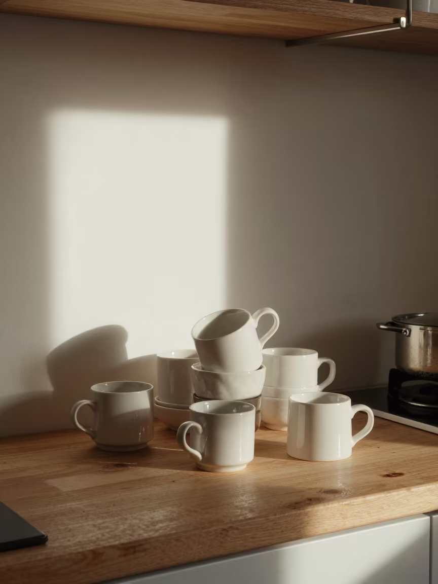 Mismatched Teacups on Alicante Kitchen Shelf in on a wooden workbench in Alicante