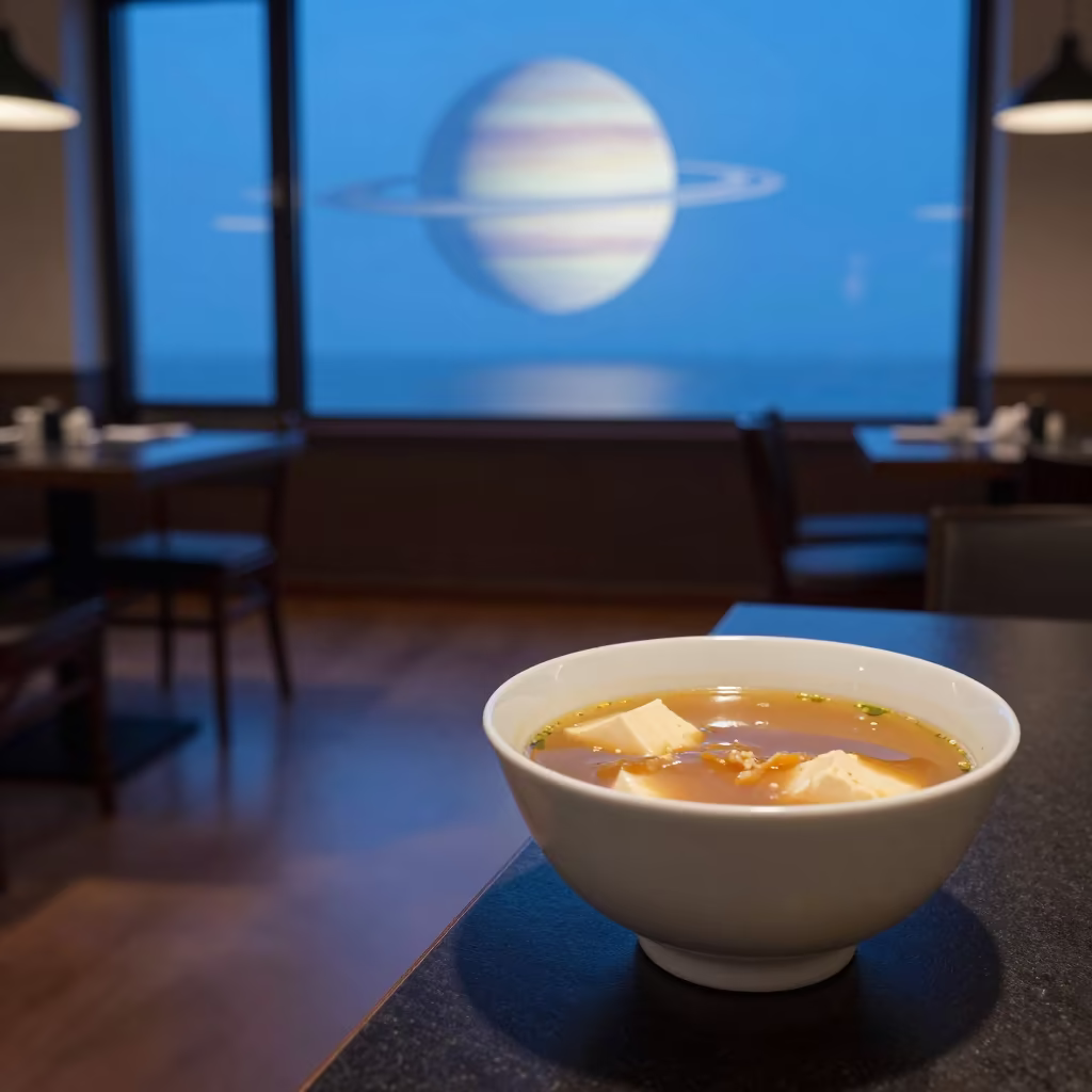 Miso Soup Bowl Under Ringed Planet Neon in on a restaurant table in Maykop