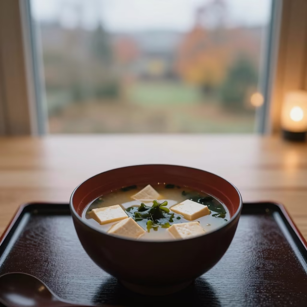 Miso Soup and Tofu on Lacquered Tray at Dawn in on a lacquered tray in Leipzig