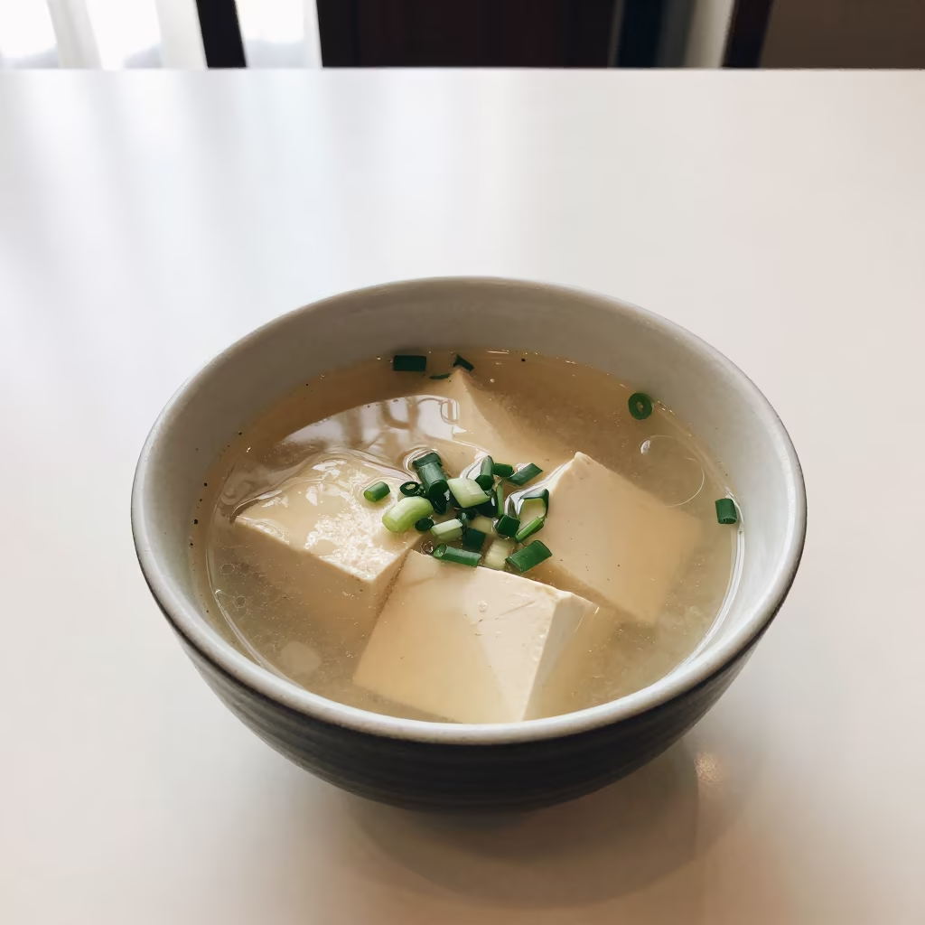 Miso Soup with Tofu in Umm Qasr Restaurant in on a restaurant table in Umm Qasr