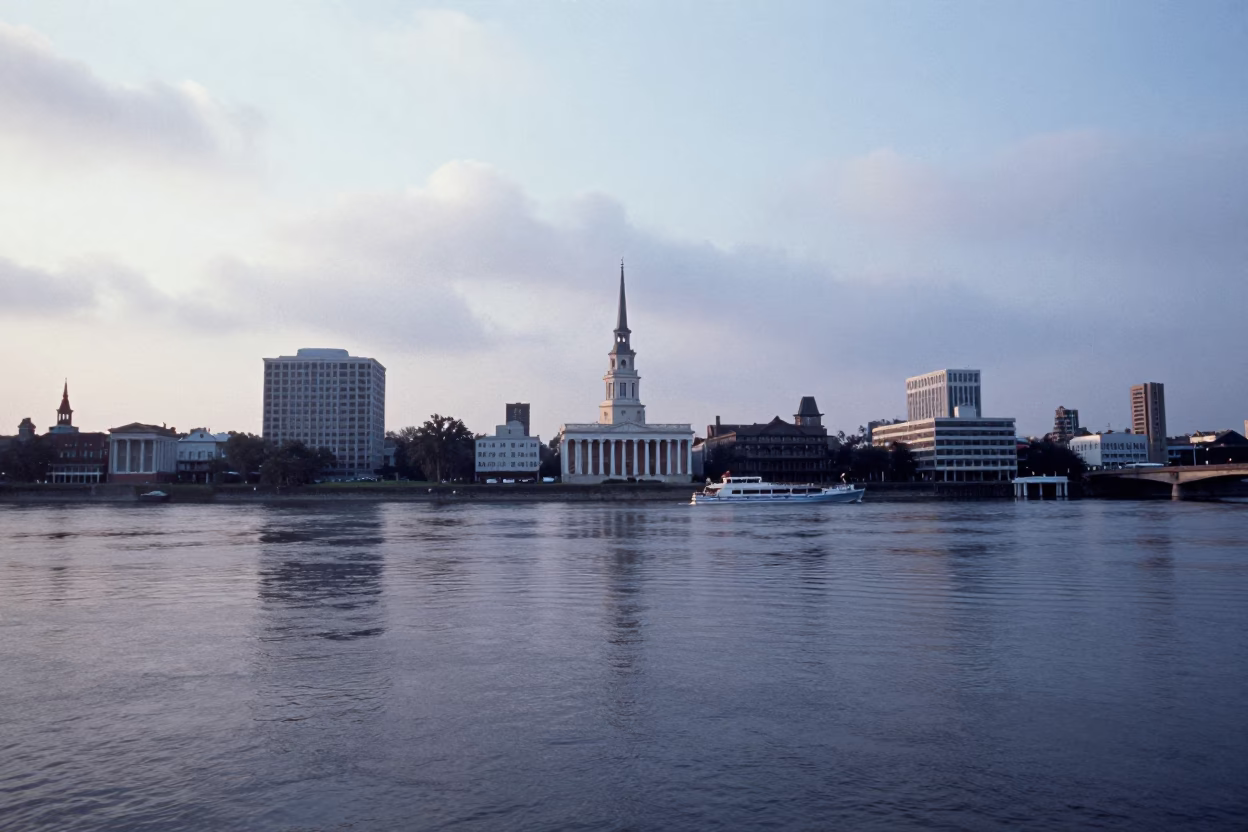 Mississippi River And Historic French Quarter Architecture Before Sunrise in New Orleans in in New Orleans, Louisiana, United States