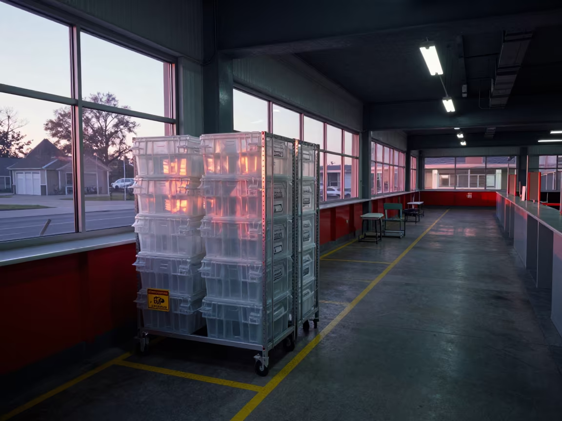 Missort tote quarantine rack at dawn in at a fulfillment packing station in Bernal