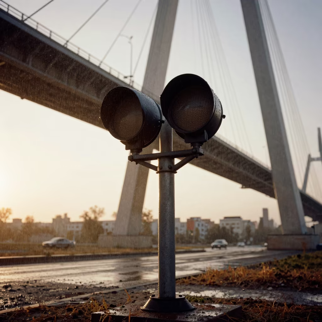 Mist-Coated Signal Gantry Under Bridge in under a cable-stayed bridge span near Namangan