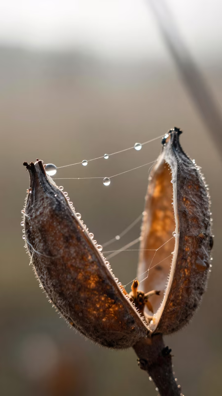 Mist Droplets on Cobweb in Taiyuan Seed Pod in inside a seed pod split open in Taiyuan