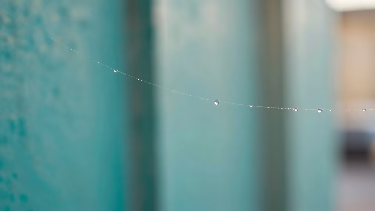 Mist Droplets on Cobweb Against Turquoise Paint in against weathered turquoise paint in Nicosia
