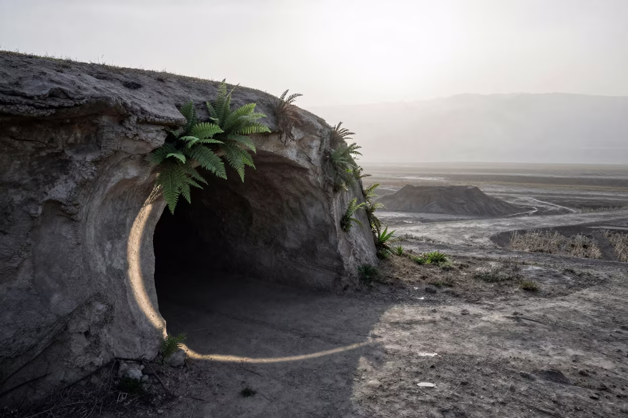 Mist-lit Lava Tube with Ferns and Wrong Shadows in across a floodplain after rain near Bishkek