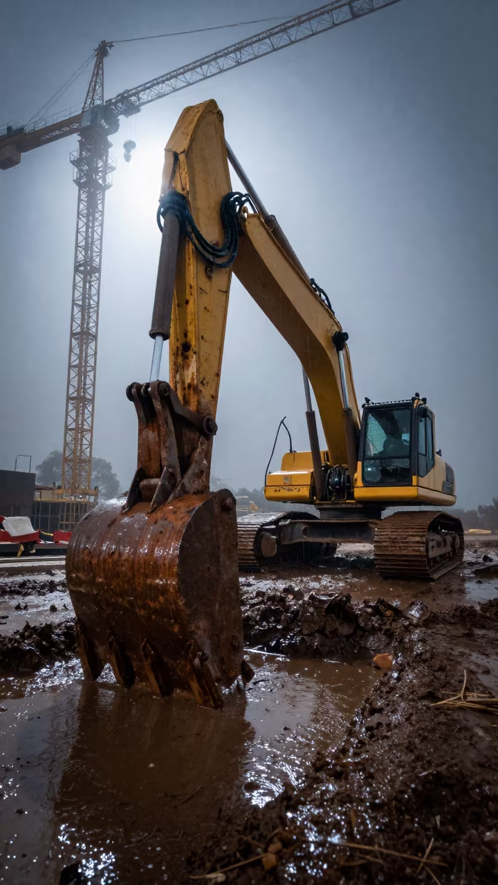 Mist and Mud Excavator Bucket Trench Box Night in beneath a tower crane on open ground near Ikeja
