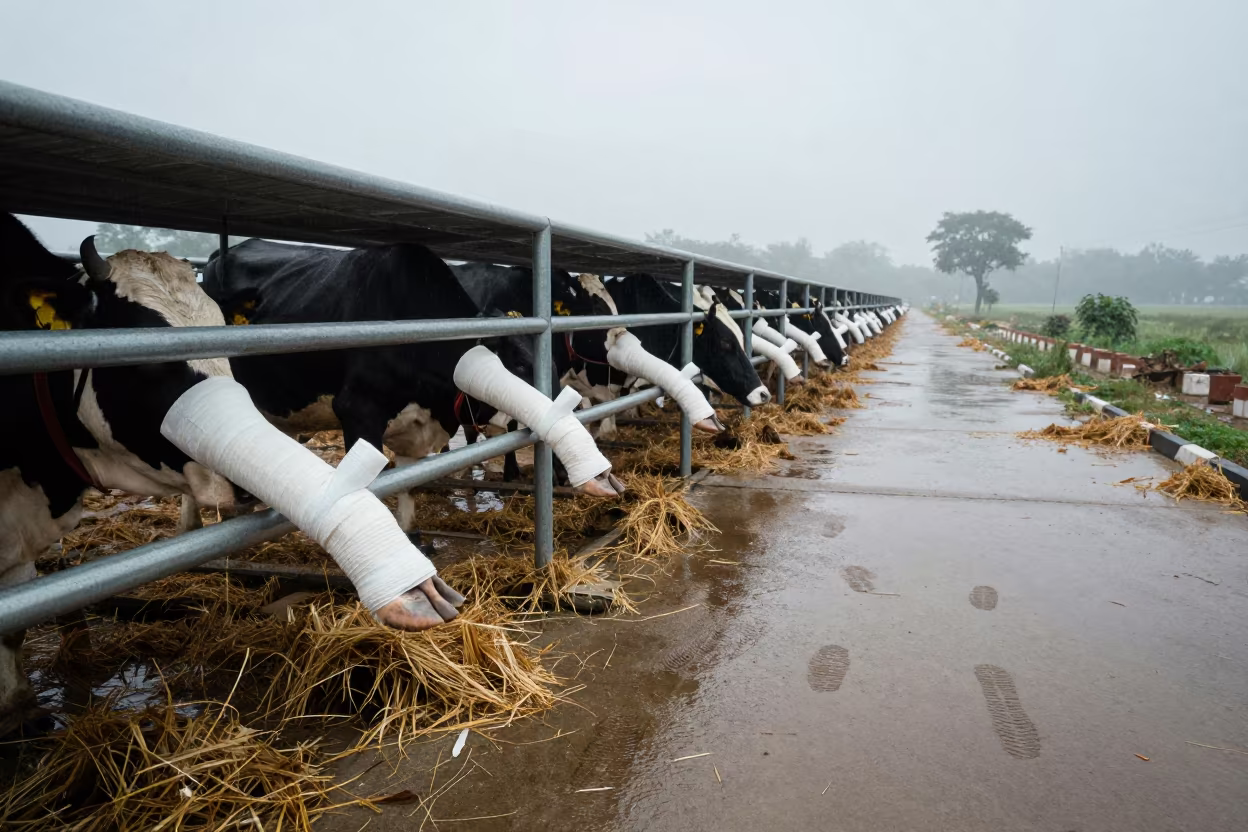 Mist Over Hoof Wrap Shelf Bihar Feedlot Dawn in along a feedlot lane in Bihar