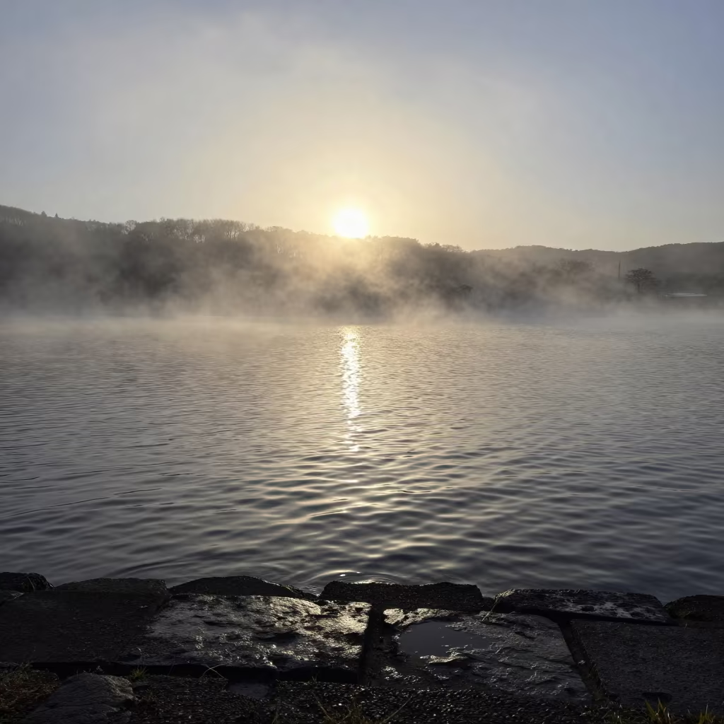 Mist Rising From Lake at Dawn in Chubu in in Chubu