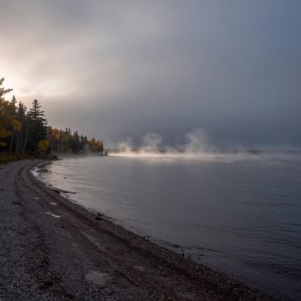 Mist Rising from Lake Shore at Dawn in along a wave-cut shoreline in Manitoba
