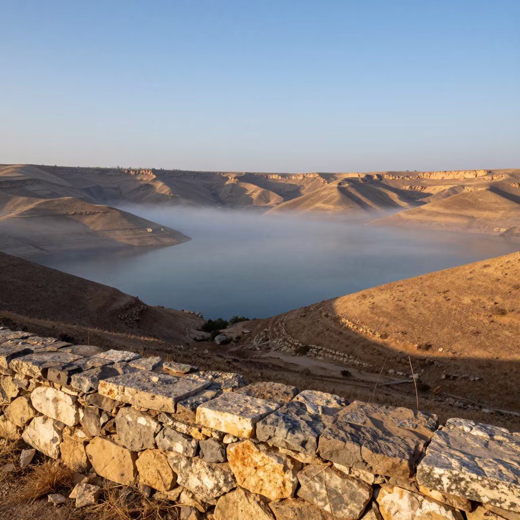 Mist Rising Over Tunisian Foothills at Dawn in from a ridge above layered foothills in Tunisia