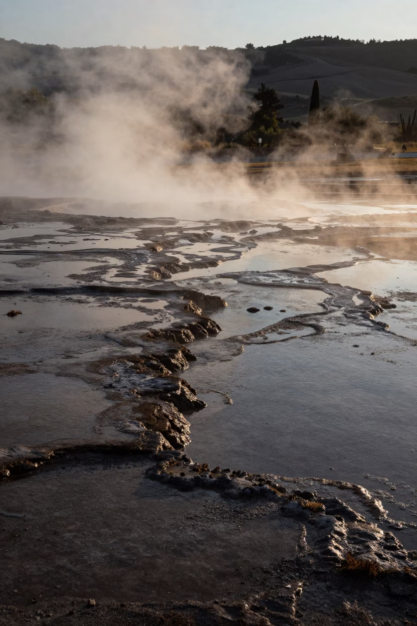 Mist Rising From Tuscan Shoreline Hot Spring Twilight in along a wave-cut shoreline in Tuscany