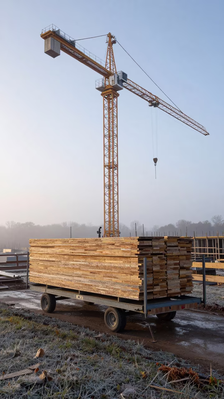 Mist Shrouded Sheet Goods Cart Under Crane in beneath a tower crane on open ground in Illinois