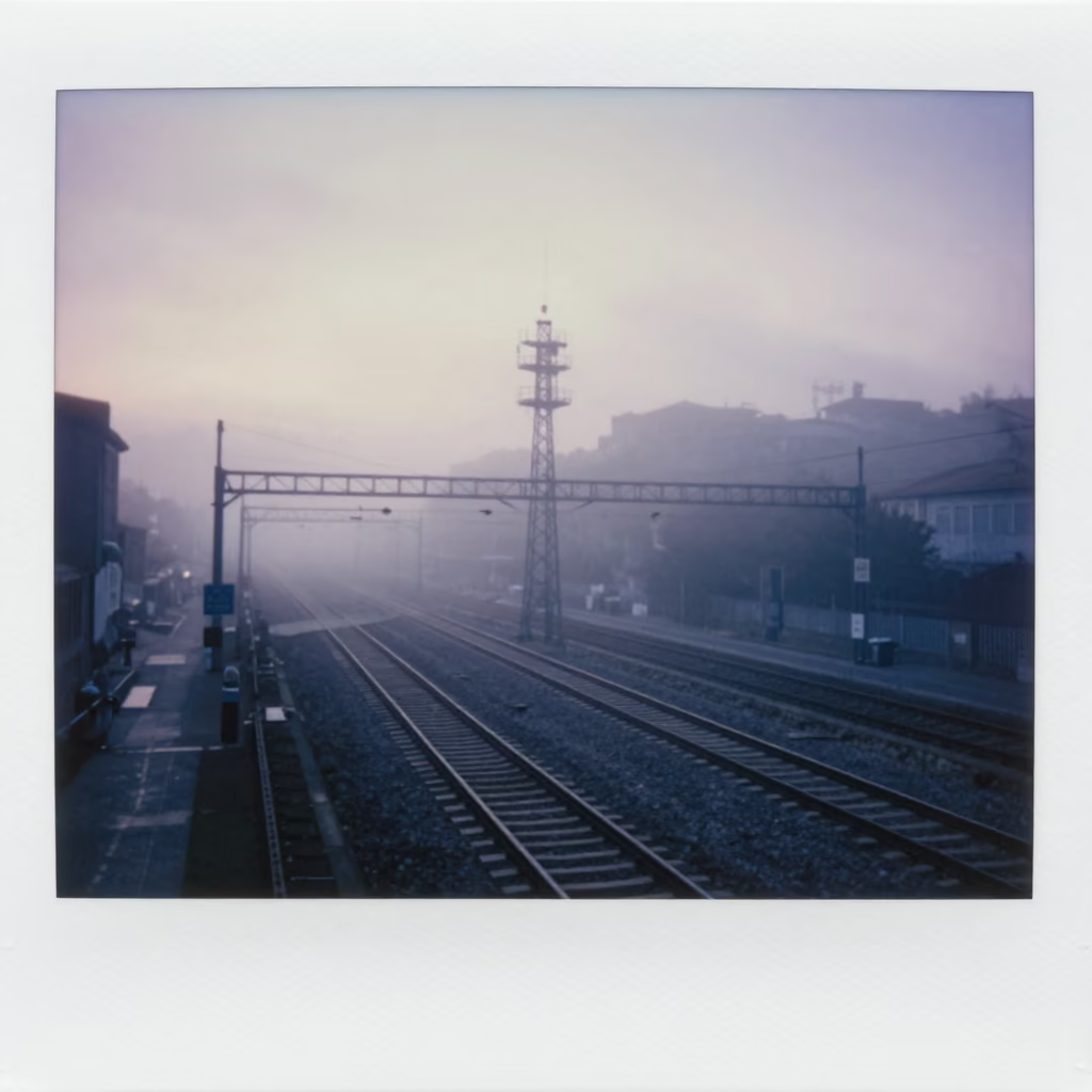 Mist Shrouded Signal Gantry Above Parallel Rail Lines in Pre-Dawn Porto Portugal in in Porto, Portugal