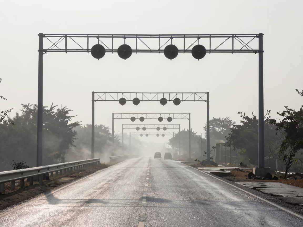 Mist and Soot on Khuzdar Signal Gantry in across a windy overpass interchange in Khuzdar