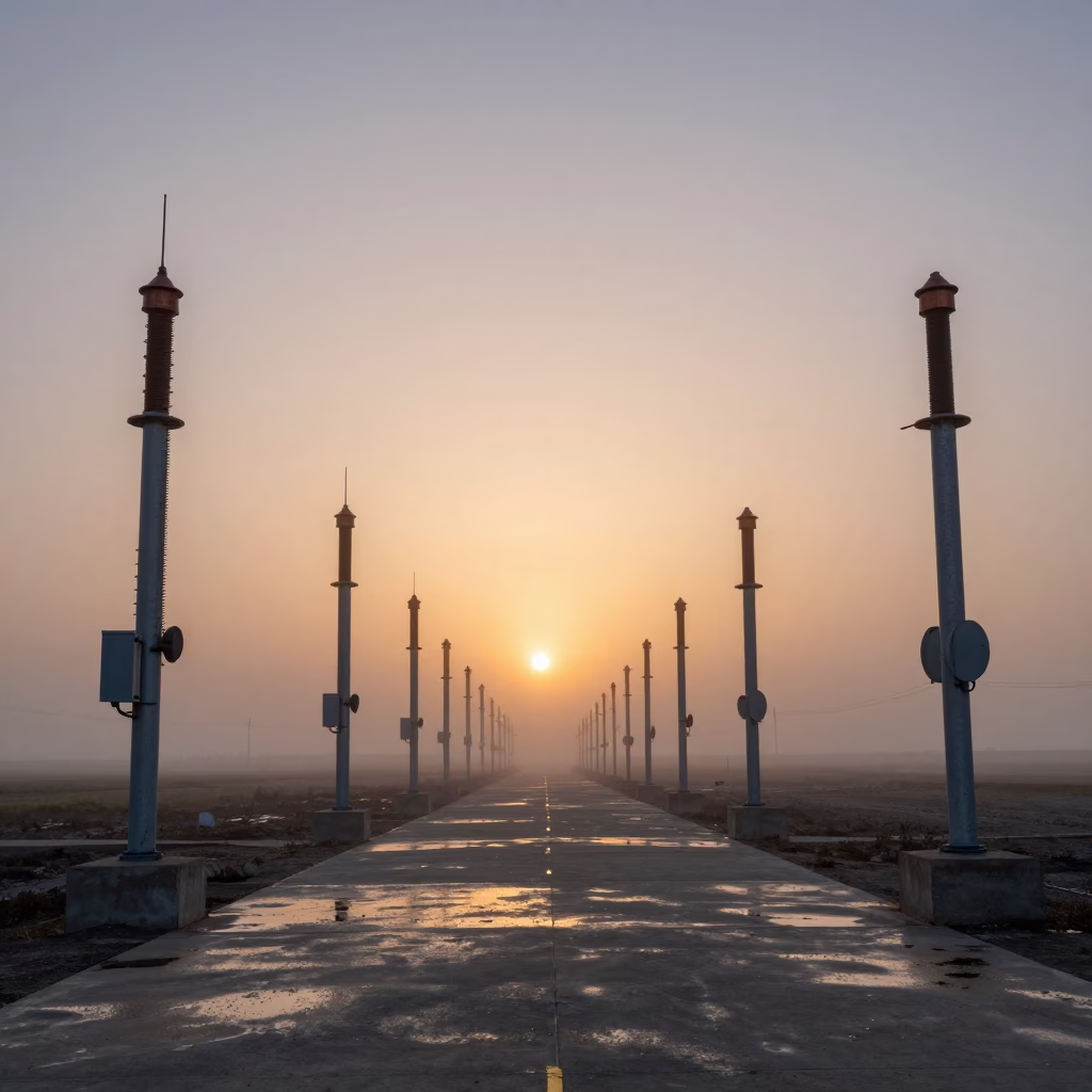 Mist and Soot on Signal Gantry at Dusk in beneath transmission towers in Xinjiang