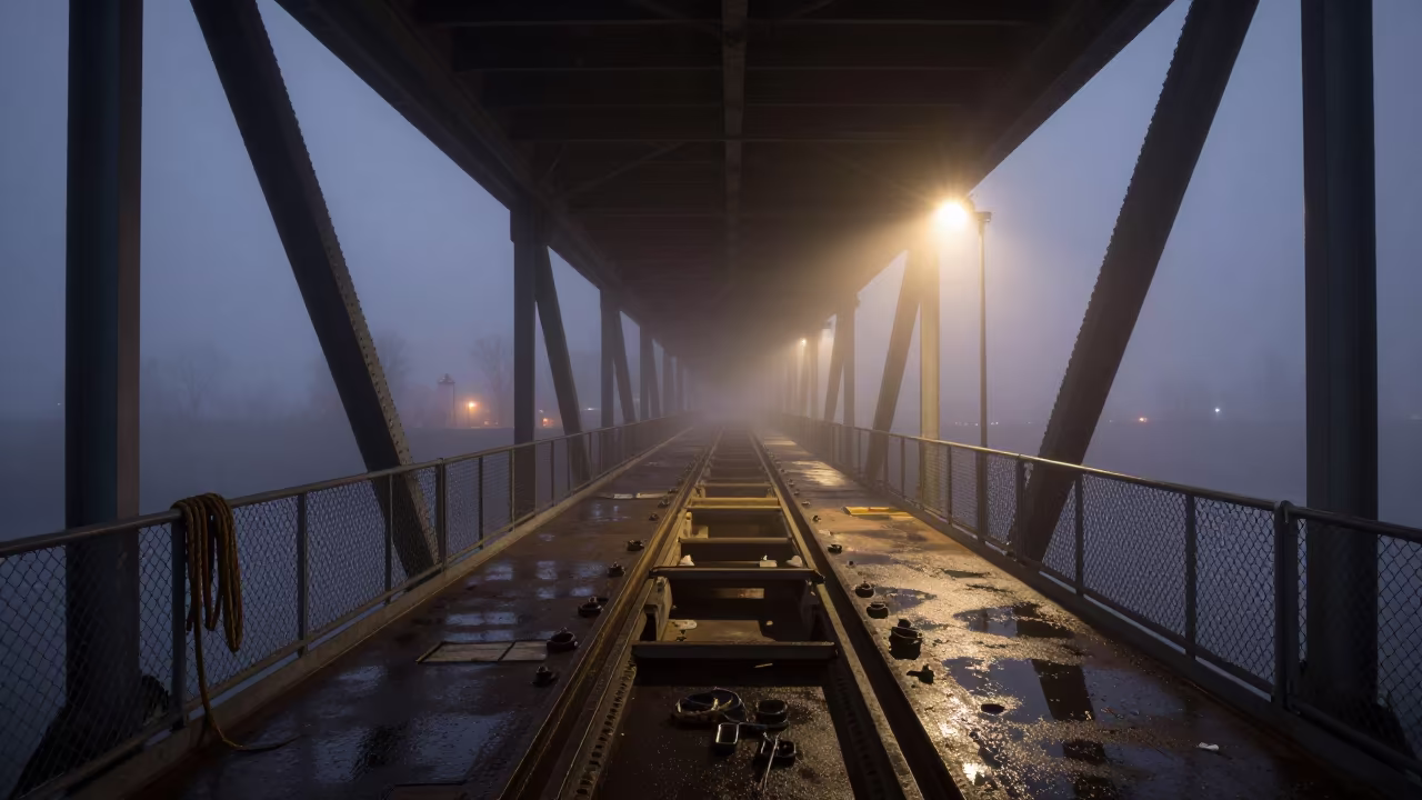 Mist Swept Bridge Cradle Under Calgary Steel Span in beneath a bridge span near Calgary
