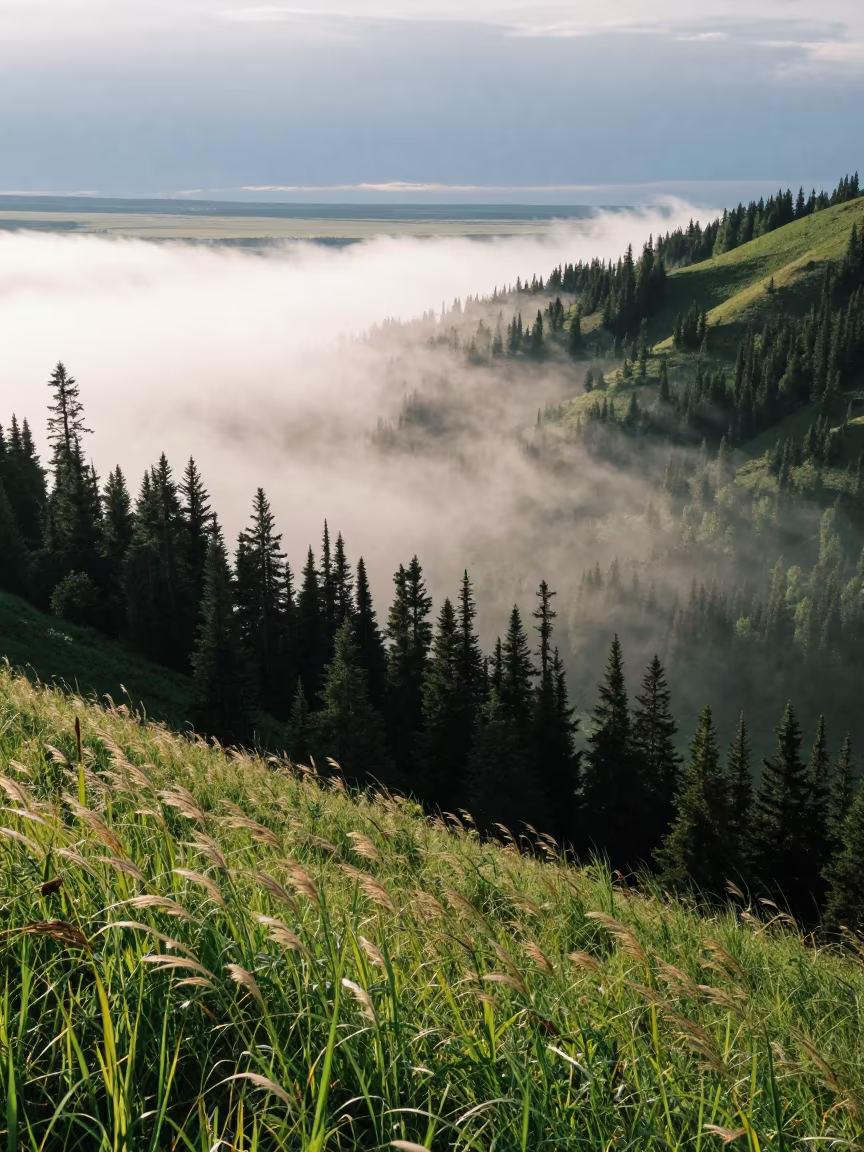 Mist Trapped in Canadian Valley at Sunrise in across a storm-bright plain in Canada