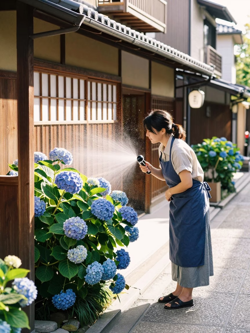 Misting Hydrangeas in Kyoto in in Kyoto, Japan
