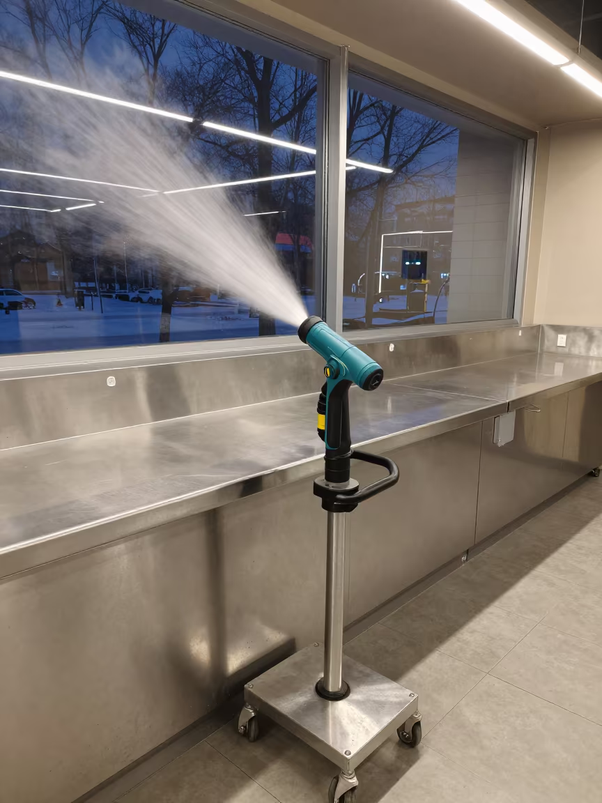 Misting Nozzle Caddy in Almaty Store Pre-Opening in inside a storefront prepared for opening in Almaty