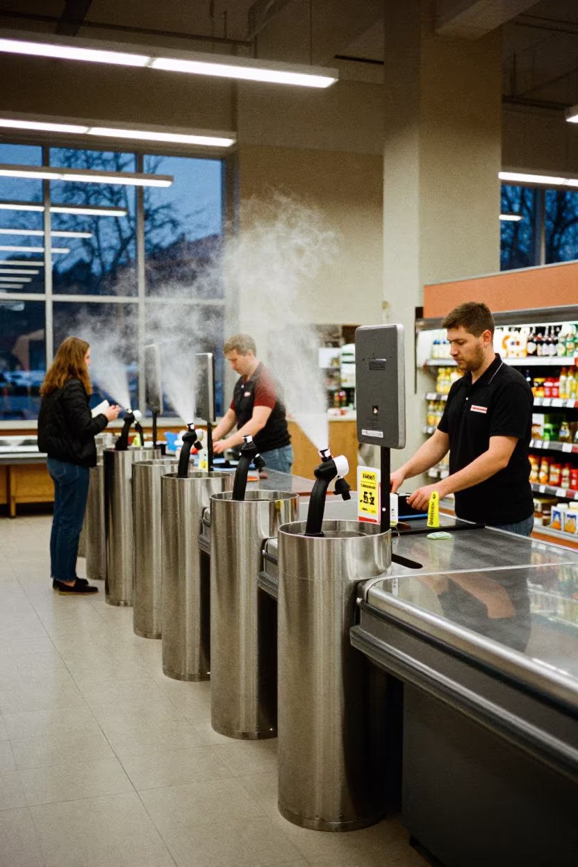 Misting Nozzle Caddy in Kharkiv Grocery Lane in at a checkout lane under flat store light near Kharkiv