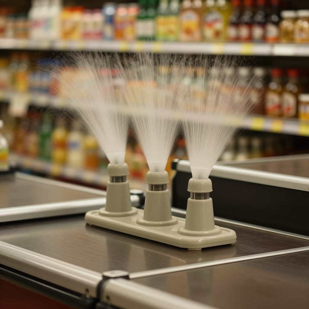 Misting Nozzle Caddy at Lima Checkout Lane in at a checkout lane under flat store light near Lima