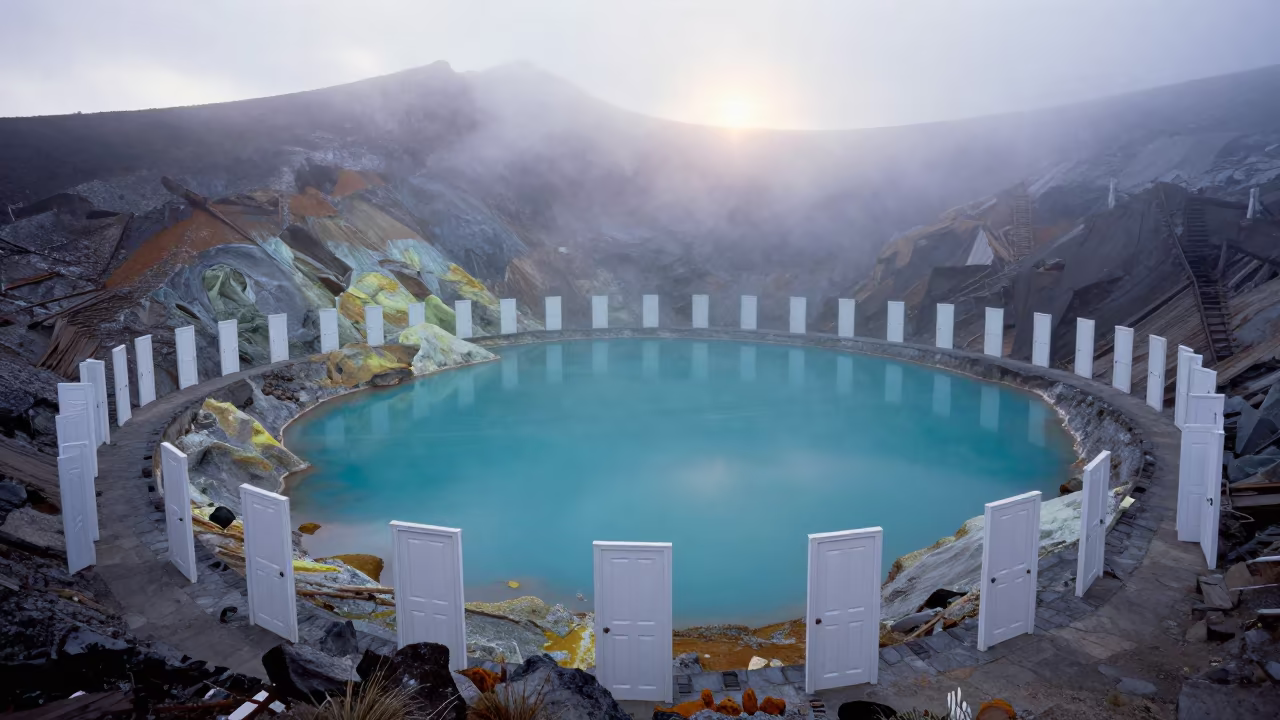Misty Acid Lake Volcanic Crater Surreal Doors in from a ridge above layered foothills near Quito