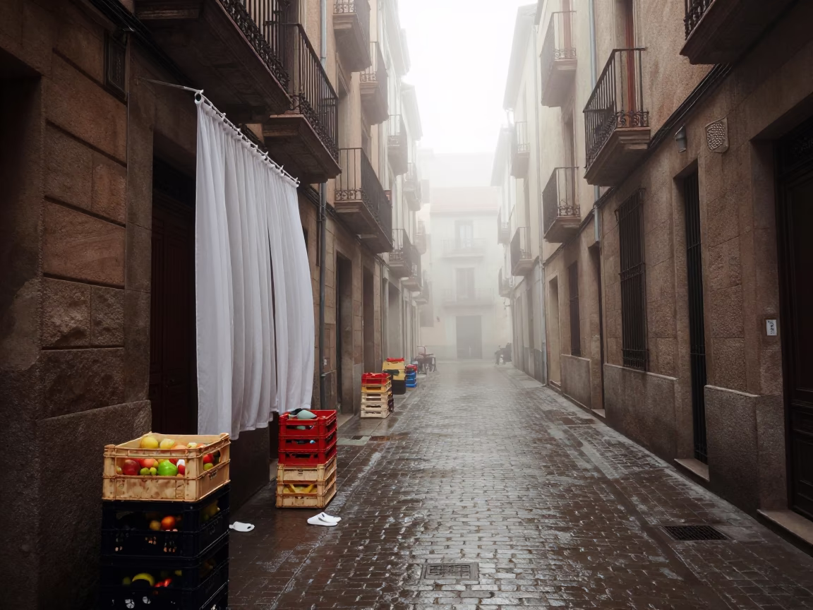 Misty Alley in Barcelona in in Barcelona, Spain