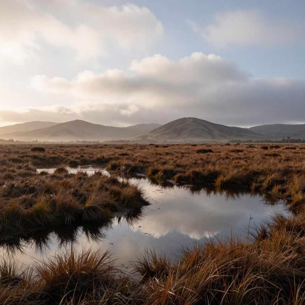 Misty Autumn Marsh with Tidal Pool Reflections in from a ridge above layered foothills near Sousse
