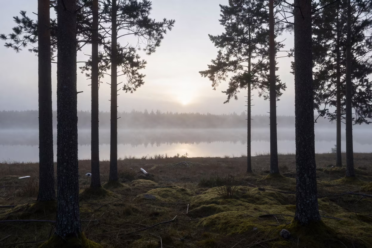 Misty Boreal Taiga Forest at Early Evening in near Lima