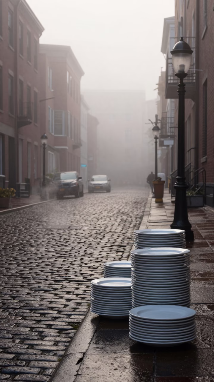 Misty Boston Dawn Street Scene with Stacked Plates and Garden Benches in in Boston, Massachusetts, United States