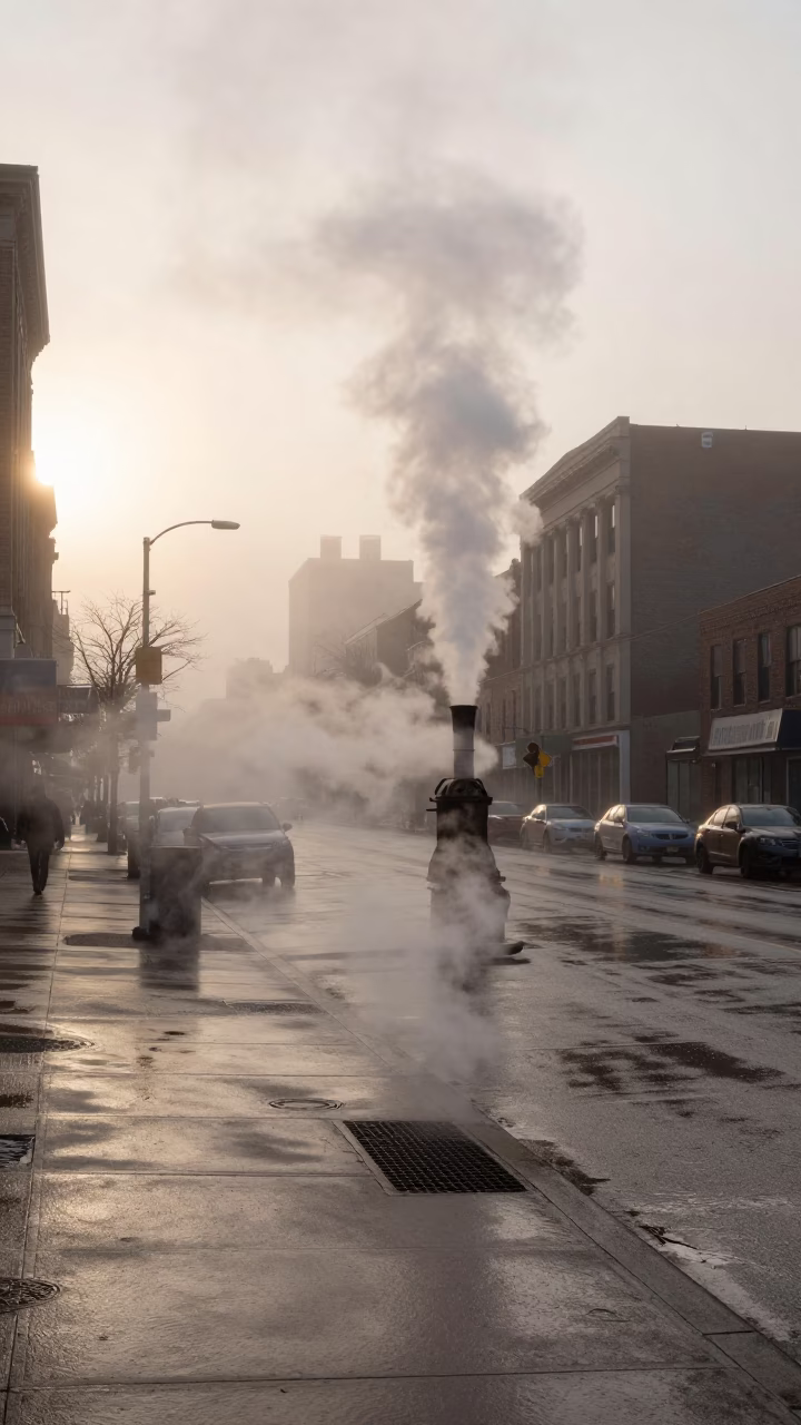 Misty Chicago Dawn Street Scene with Steam Vents and Urban Textures in in Chicago, Illinois, United States