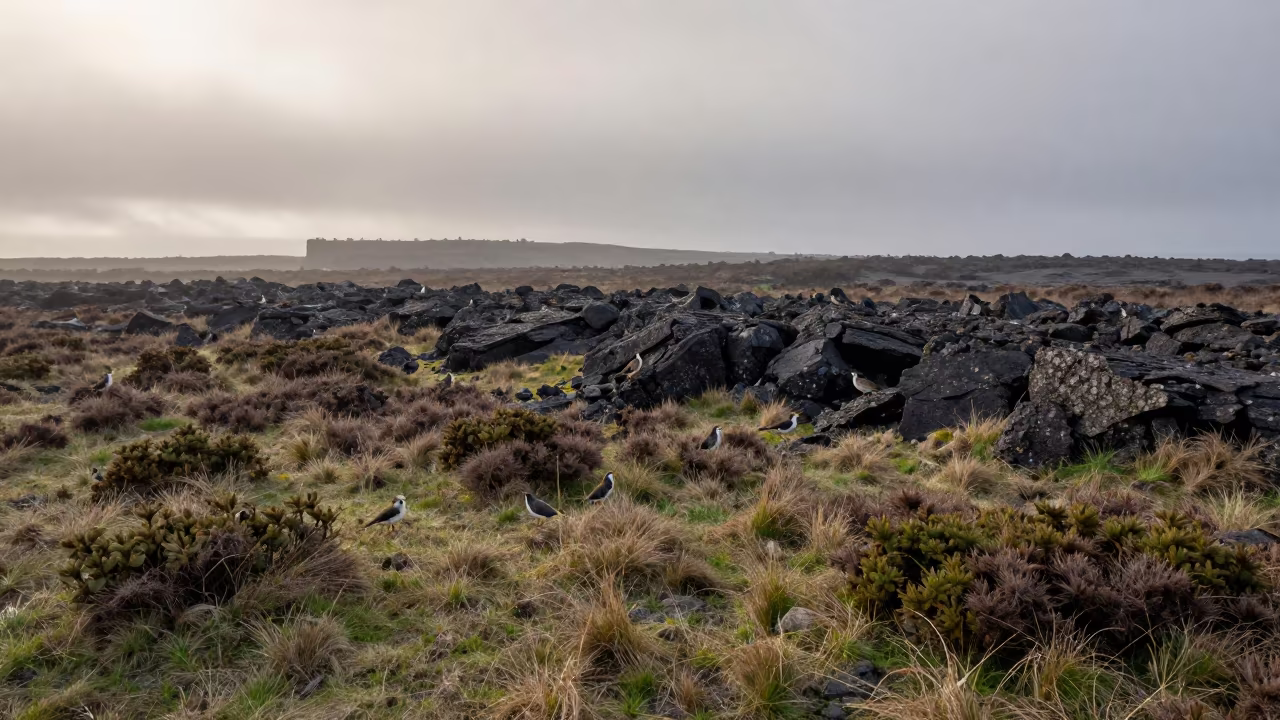 Misty Coastal Heath Above Lava Ridge in Late Afternoon in near Manali