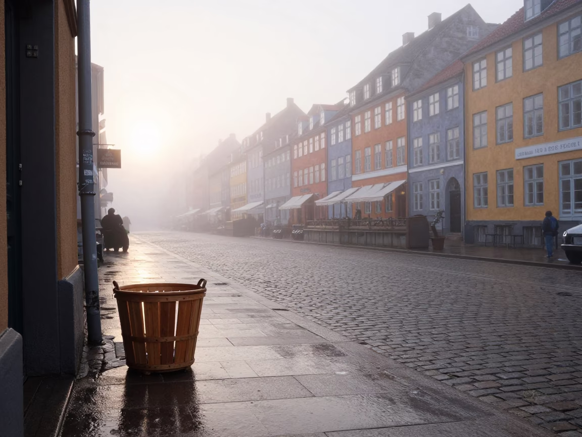 Misty Copenhagen Dawn Street Scene with Laundry Basket and Wool Scarves in in Copenhagen, Denmark