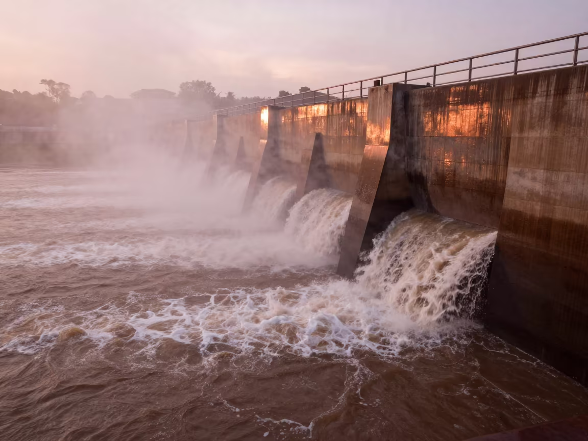 Misty Dam Spillway in Copper Light in beside a hydroelectric intake near Ndola