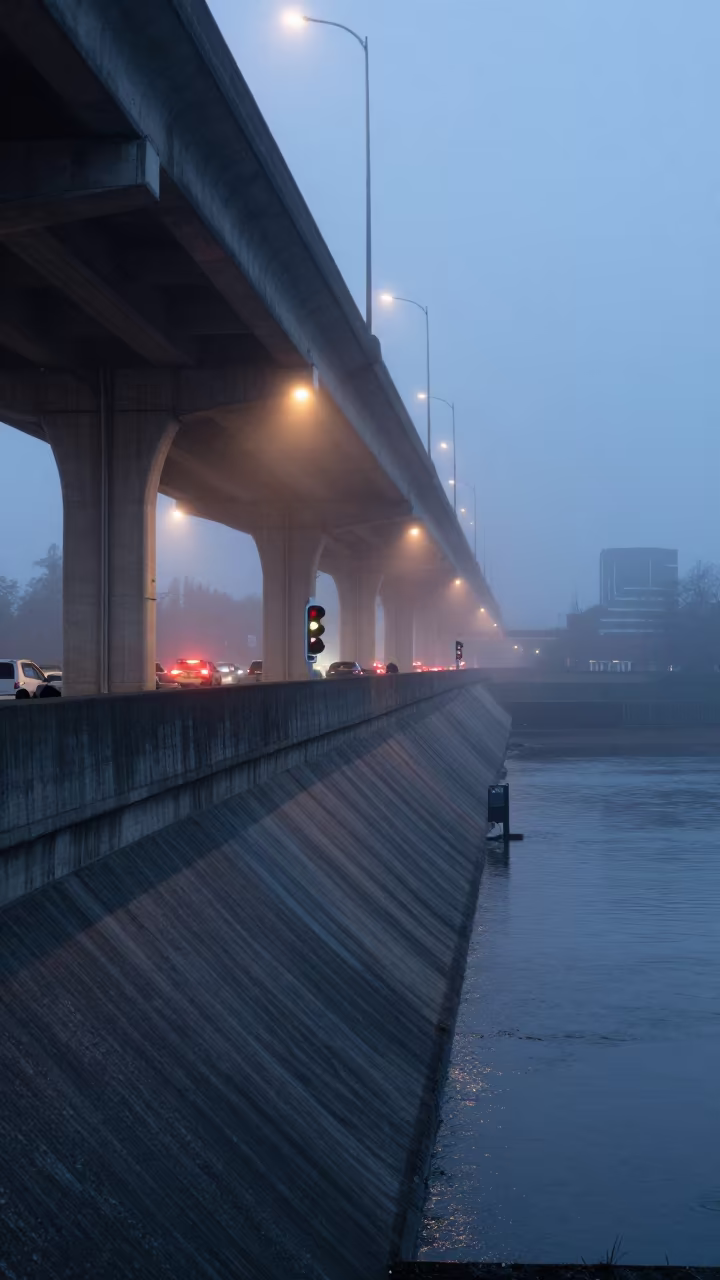 Misty Dam Spillway Flyover Shadows Evening in along a dam spillway near Cambridge, Boston