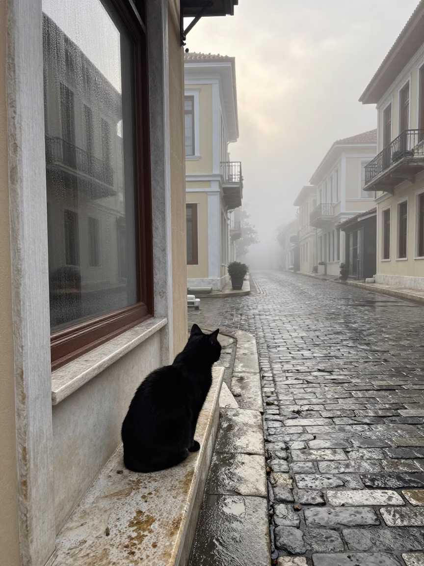 Misty Dawn Athens Street Corner Condensation on Glass and Black Cat in in Athens, Greece