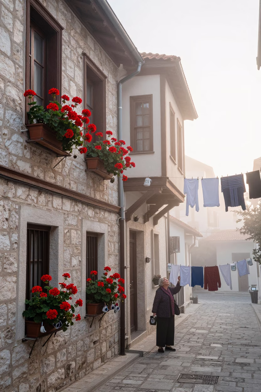 Misty Dawn Athens Street Geraniums Laundry Pins Ceramic Mugs in in Athens, Greece