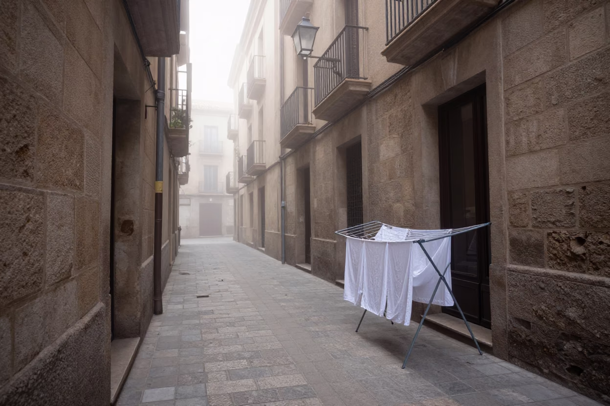 Misty Dawn Barcelona Street Scene with Drying Rack and Hydrangeas in in Barcelona, Spain