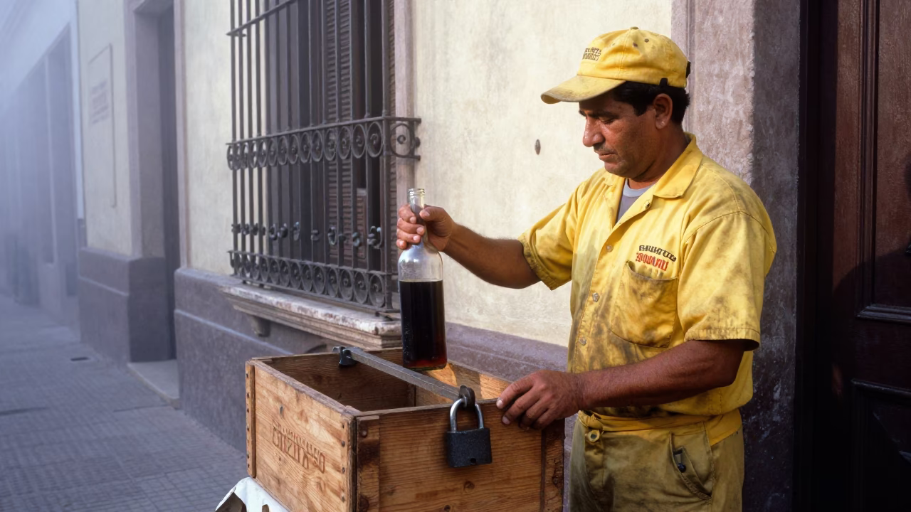 Misty Dawn Buenos Aires Street Vendor with Vintage Bottle and Padlock in in Buenos Aires, Argentina