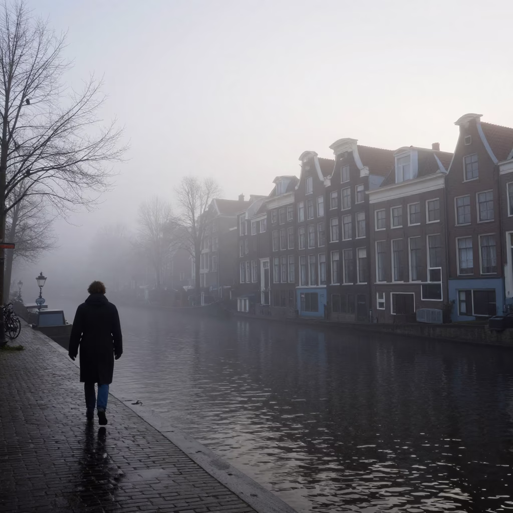 Misty Dawn Canal Scene Amsterdam Netherlands 1950s in in Amsterdam, Netherlands