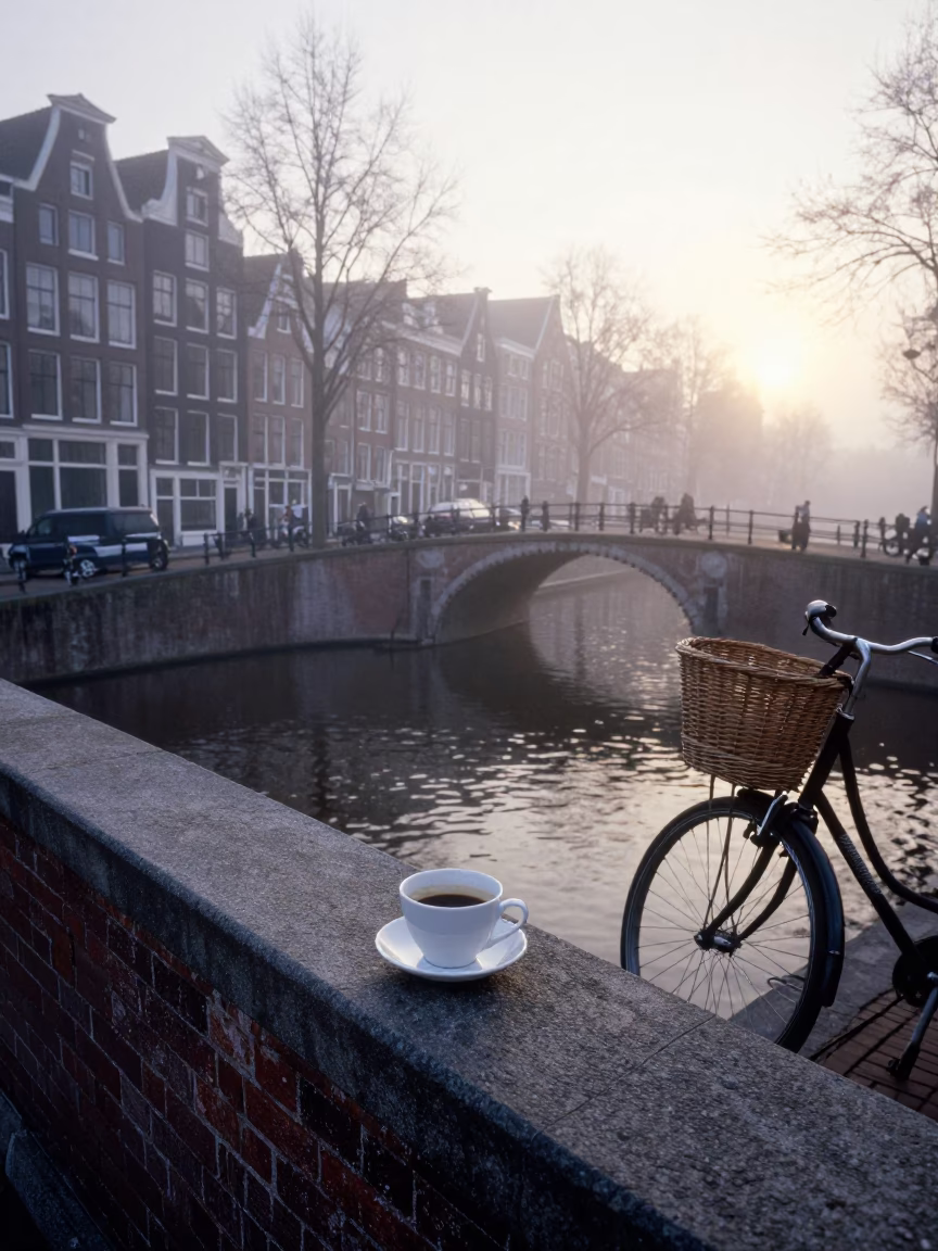 Misty Dawn Canal Scene with Coffee Cup and Bicycle in Amsterdam in in Amsterdam, Netherlands