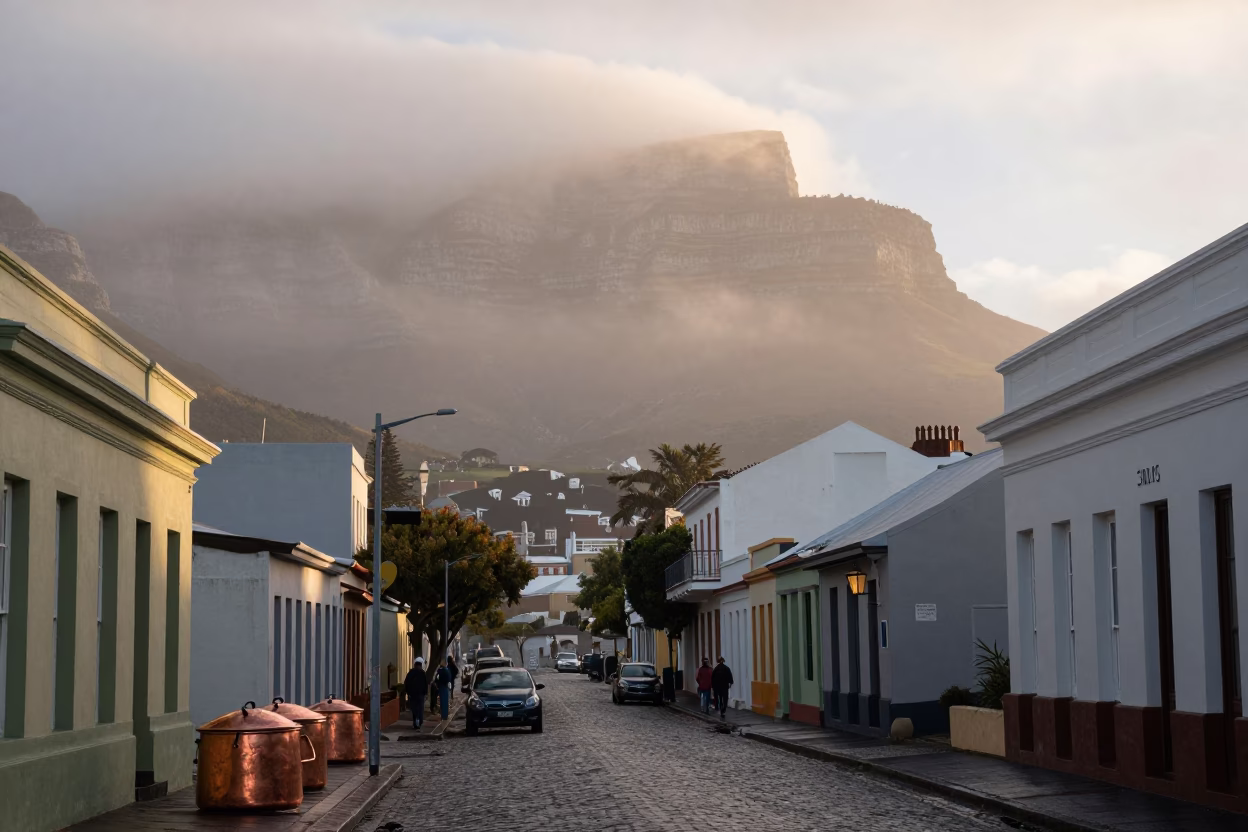 Misty Dawn Cape Town Street Scene with Copper Pots and Bougainvillea in in Cape Town, South Africa
