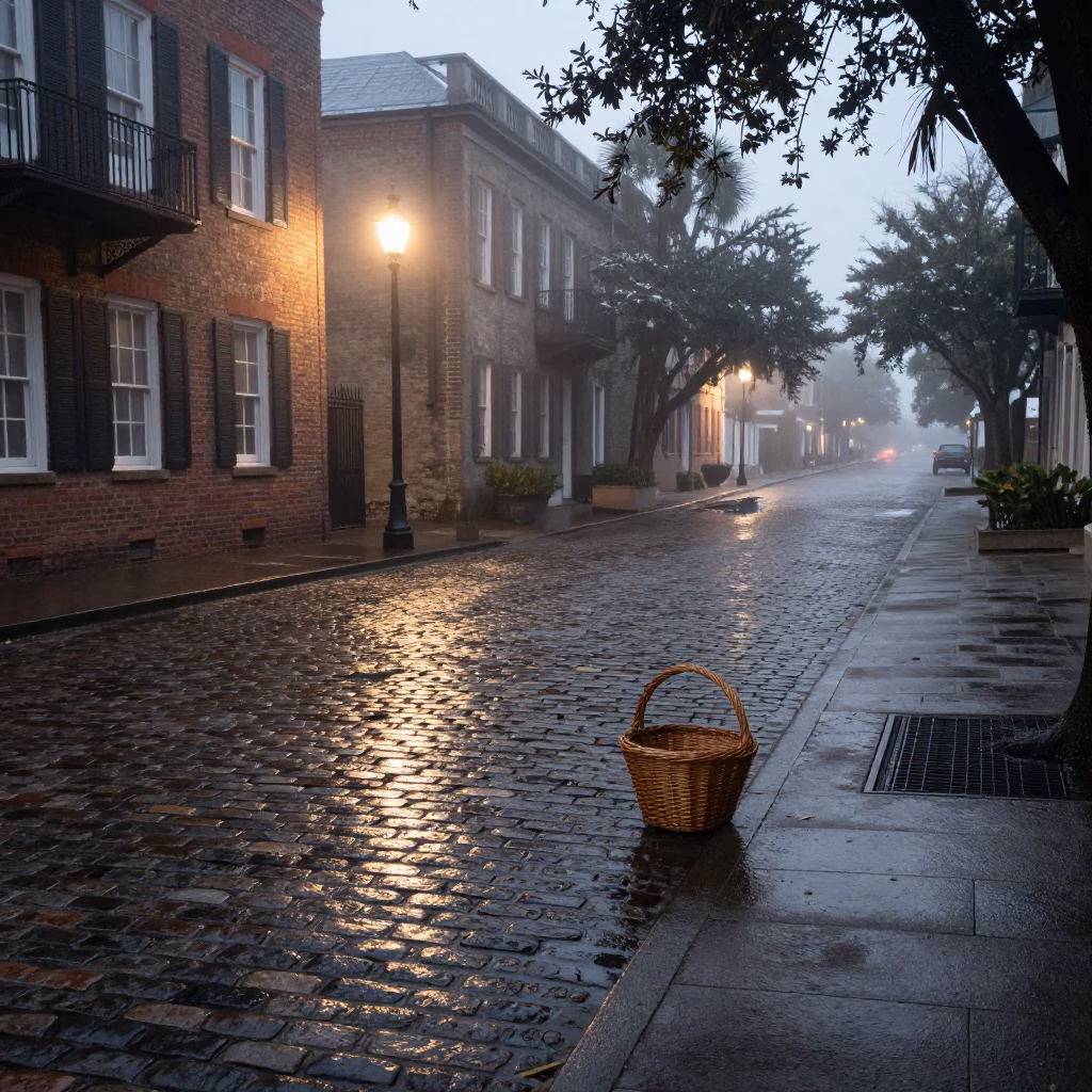 Misty Dawn Charleston Street Corner with Wicker Basket Shadow on Plaster in in Charleston, South Carolina, United States