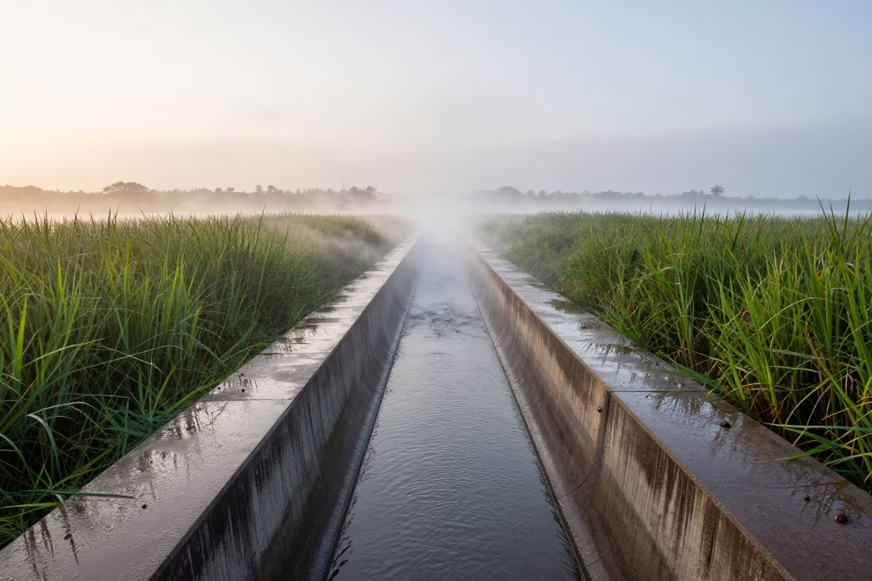 Misty Dawn Along Concrete Canal in Salvador in along a dam spillway in Salvador