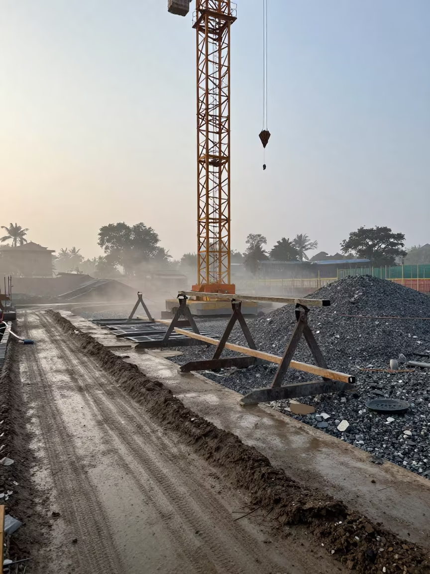 Misty Dawn Crane Pad Outrigger Rain in beneath a tower crane on open ground in Arunachal Pradesh