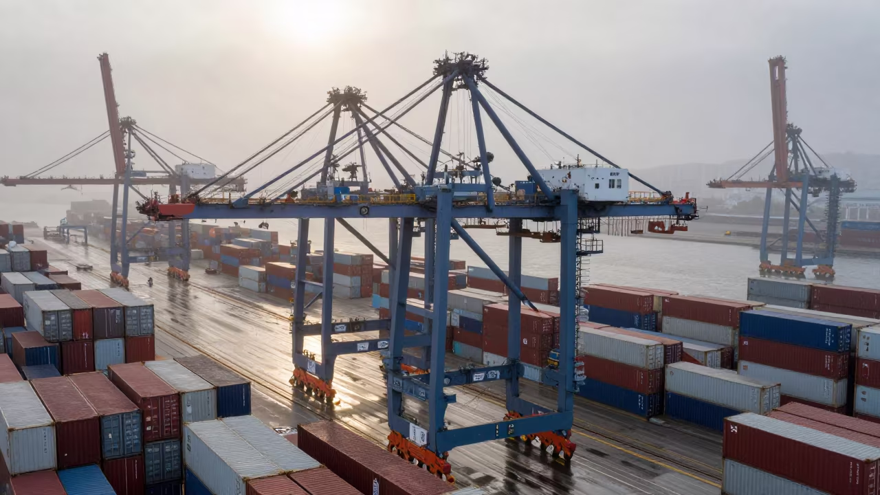 Misty Dawn Drone View of Hokkaido Container Port Cranes in in Hokkaido
