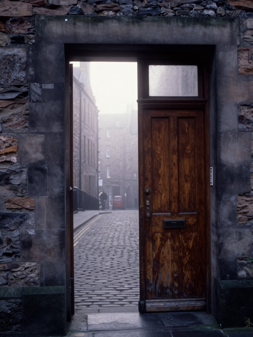 Misty Dawn Edinburgh Street Scene with Vintage Doorframe and Key Bowl in in Edinburgh, United Kingdom
